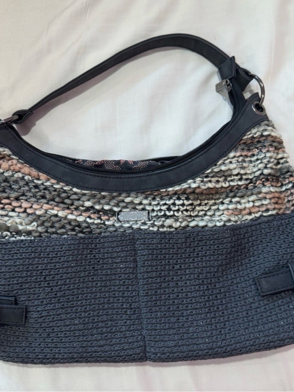 Woven Knit Shoulder Bag in Charcoal and Mixed Neutrals